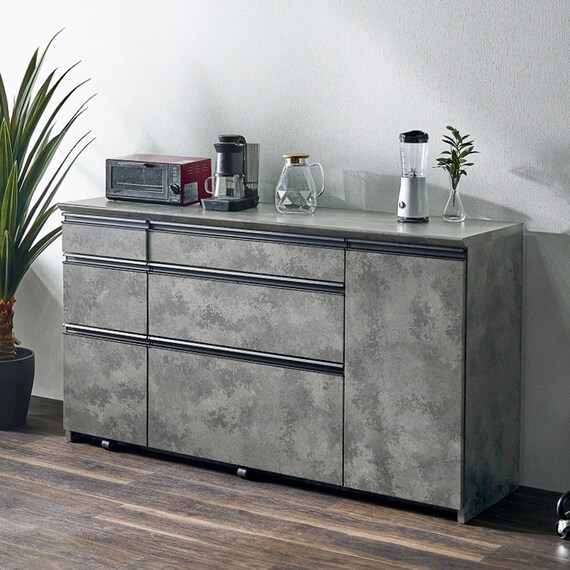 石目柄モダンカウンター (引き出しタイプ 幅157.5cm グレー) 1枚目画像