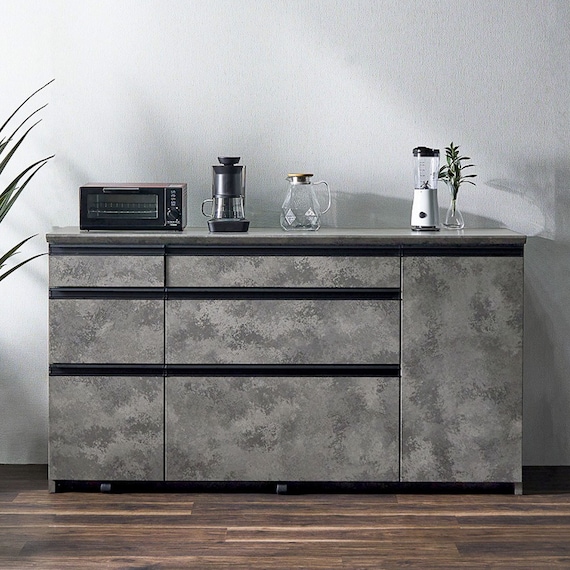 石目柄モダンカウンター (引き出しタイプ 幅157.5cm グレー) 2枚目画像