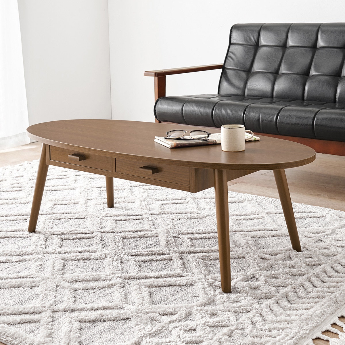 両面引き出し付き 楕円形センターテーブル (幅110cm BR