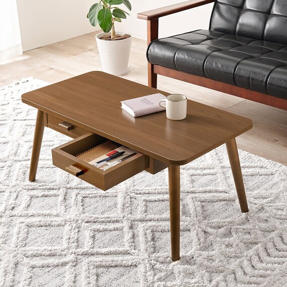 両面引き出し付き 角丸センターテーブル (幅80cm BR) 1枚目画像