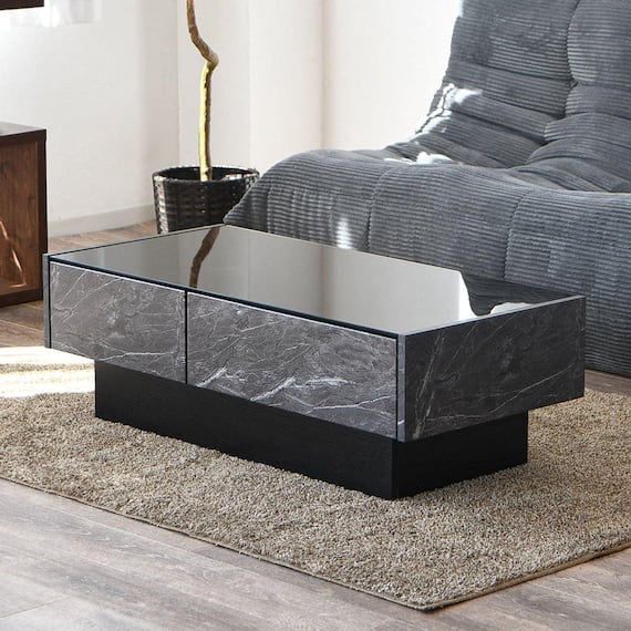 ガラス天板センターテーブル 引き出し付き (大理石柄 BK) 1枚目画像