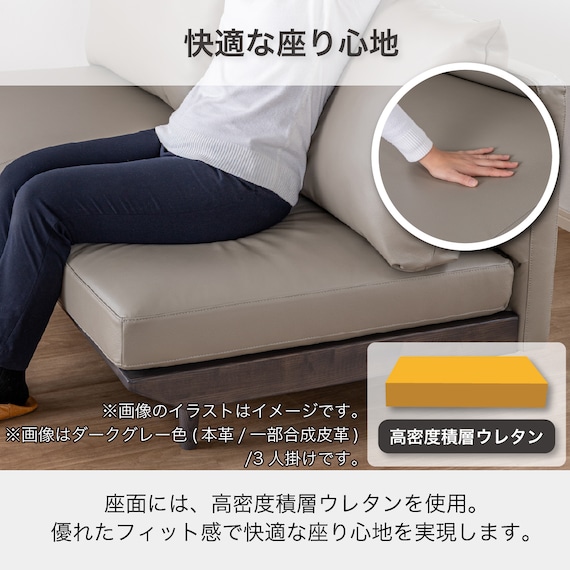 肘無し3人掛けソファ 本革(一部合成皮革)タイプ(KKS04 A-DGY)【島忠ホームズ商品】 5枚目画像