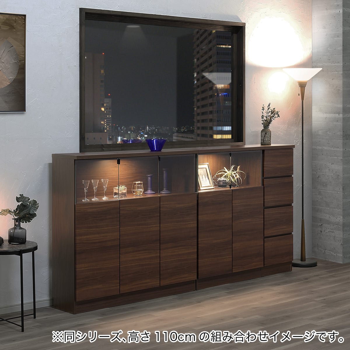 国産家具　高級　婚礼家具　サイドボード　化粧台　ドレッサー　キャビネット　花梨 高さオーダー】ディスプレイ収納 照明付き 扉 (幅78×高さ89cm 木目DBR