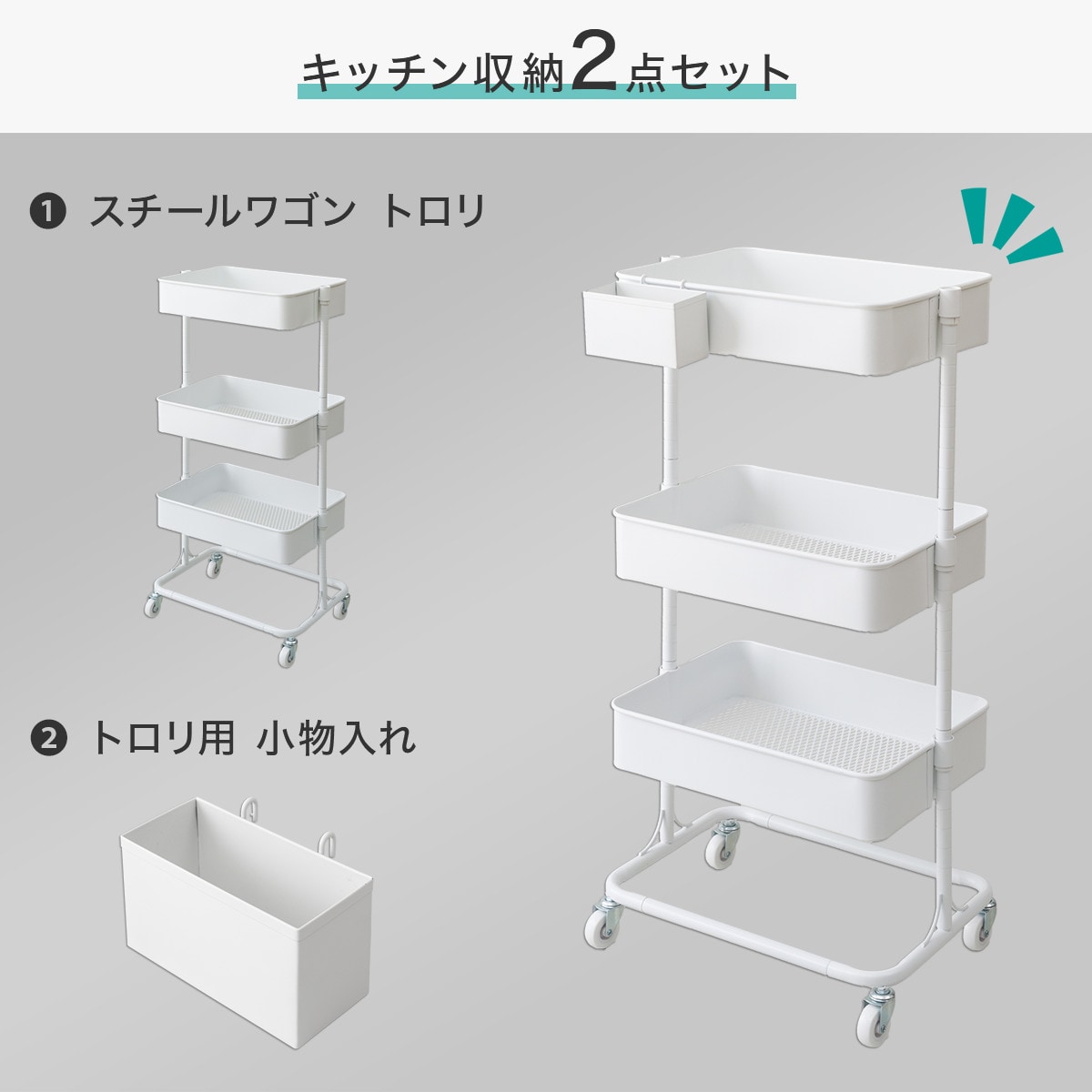 ニトリ リビング キッチンワゴン ホワイト 収納付き キッチン収納】スチールワゴントロリレギュラー 小物入れ2点