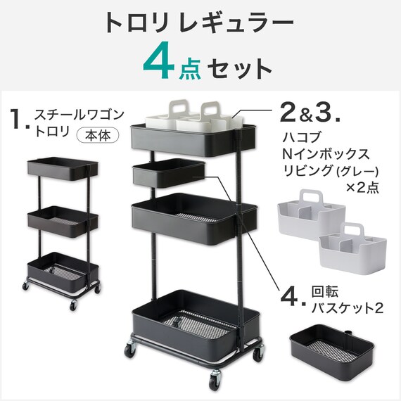 移動に便利なスチールワゴントロリレギュラー ハコブNインボックス　4点セット BK 3枚目画像