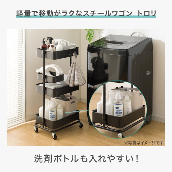 【ランドリー収納】回転バスケット付き トロリレギュラー3点セット ブラック 3枚目画像
