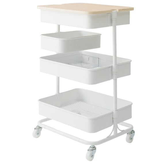 【ぴったり収納】スチールワゴントロリコンパクト 蓋トレー・伸縮整理トレー付き4点セット WH 1枚目画像