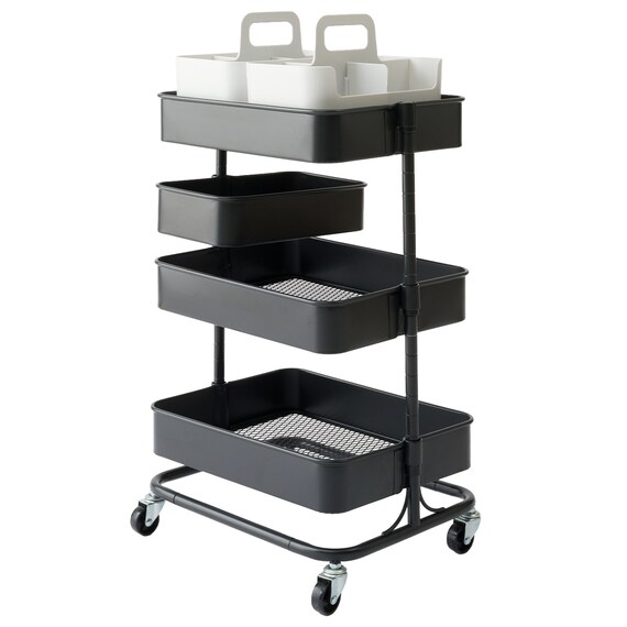 移動に便利なスチールワゴントロリコンパクト ハコブNインボックス　4点セット BK 1枚目画像