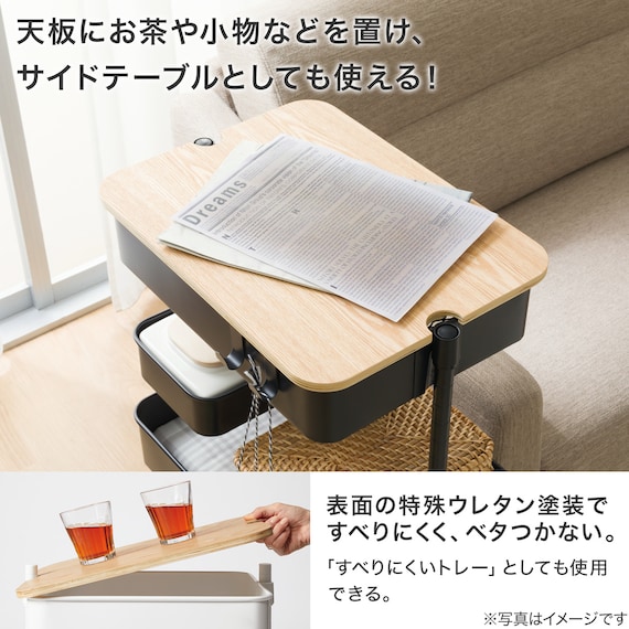 【デスク周り収納】スチールワゴントロリコンパクト 蓋トレー付き4点セットBK 5枚目画像
