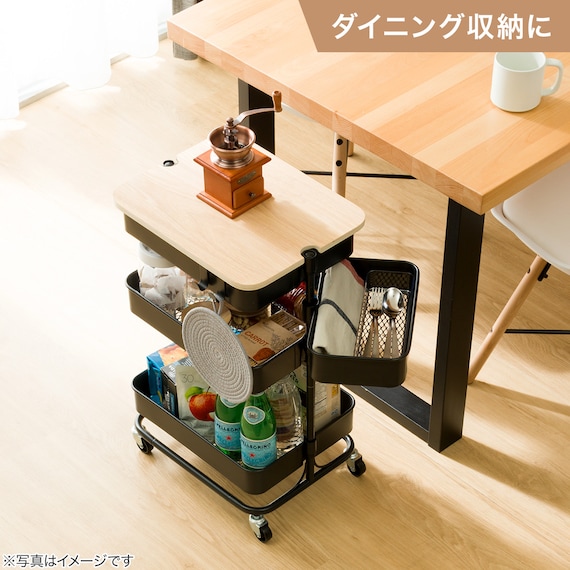 【デスク周り収納】スチールワゴントロリコンパクト 蓋トレー付き4点セットBK 6枚目画像
