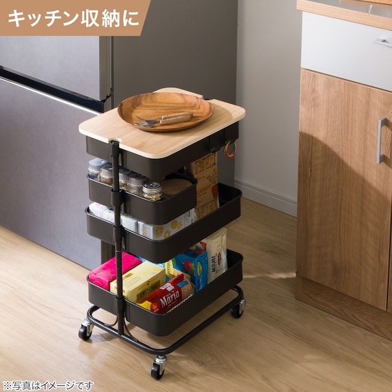 【デスク周り収納】スチールワゴントロリコンパクト 蓋トレー付き4点セットBK 7枚目画像