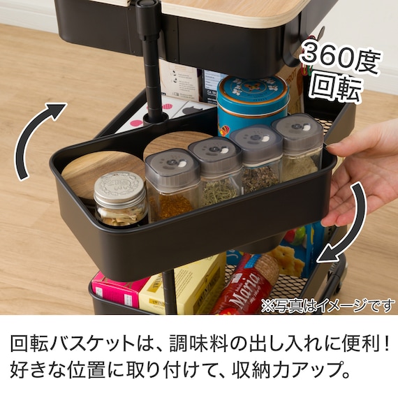 【デスク周り収納】スチールワゴントロリコンパクト 蓋トレー付き4点セットBK 8枚目画像