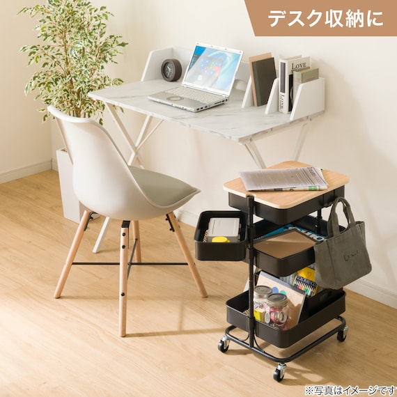 【デスク周り収納】スチールワゴントロリコンパクト 蓋トレー付き4点セットBK 9枚目画像