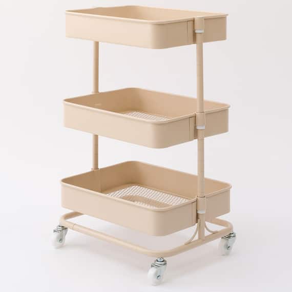 3段とも高さ調節ができるキッチンワゴン コンパクト (ベージュ)【スチールワゴン トロリ4】 1枚目画像