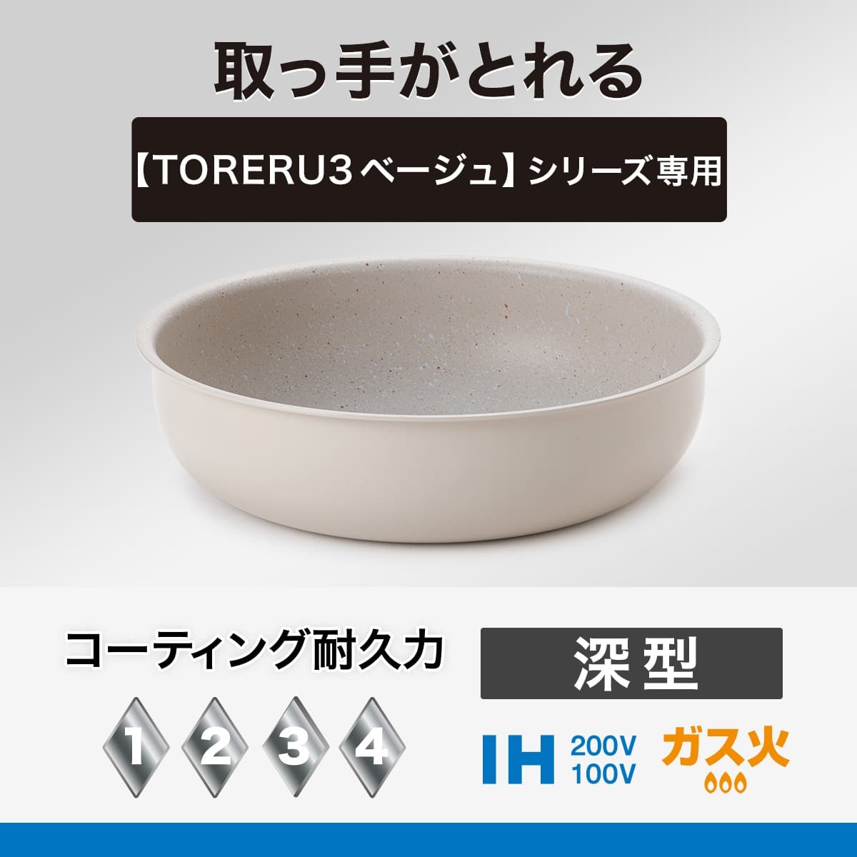 取っ手がとれる】超軽量汚れがつきにくい深型フライパン 26cm (TORERU3