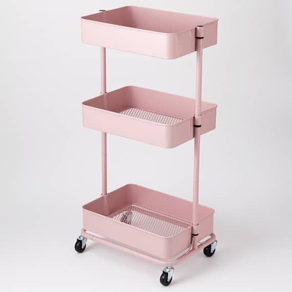 【ネット特別色】3段とも高さ調節ができるキッチンワゴン レギュラー (ローズ)【スチールワゴン トロリ4】 1枚目画像