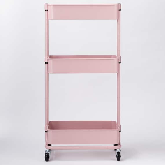 【ネット特別色】3段とも高さ調節ができるキッチンワゴン レギュラー (ローズ)【スチールワゴン トロリ4】 7枚目画像