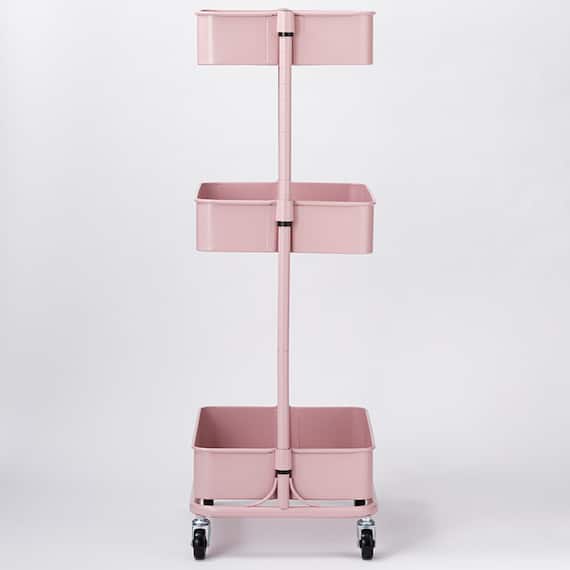 【ネット特別色】3段とも高さ調節ができるキッチンワゴン レギュラー (ローズ)【スチールワゴン トロリ4】 8枚目画像
