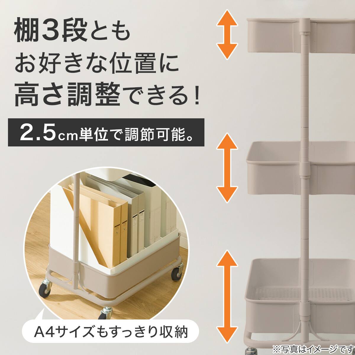 デスク周り収納】スチールワゴントロリレギュラー 蓋トレー付き4点