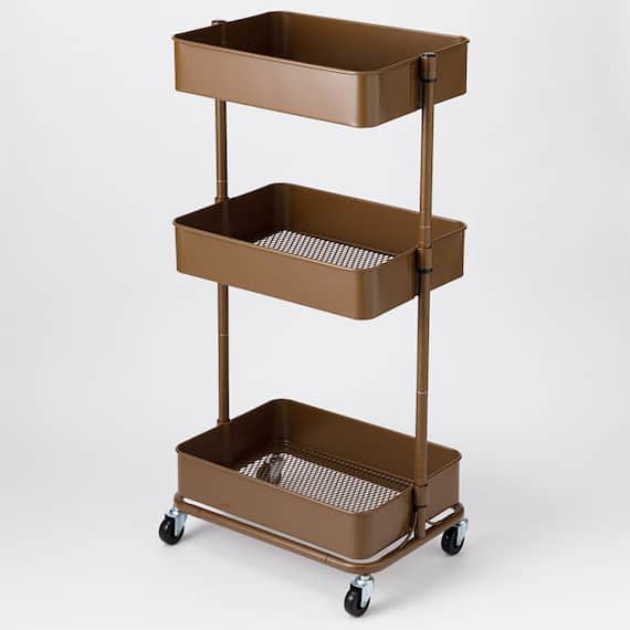 【ネット特別色】3段とも高さ調節ができるキッチンワゴン レギュラー (ダークブラウン)【スチールワゴン トロリ4】 1枚目画像