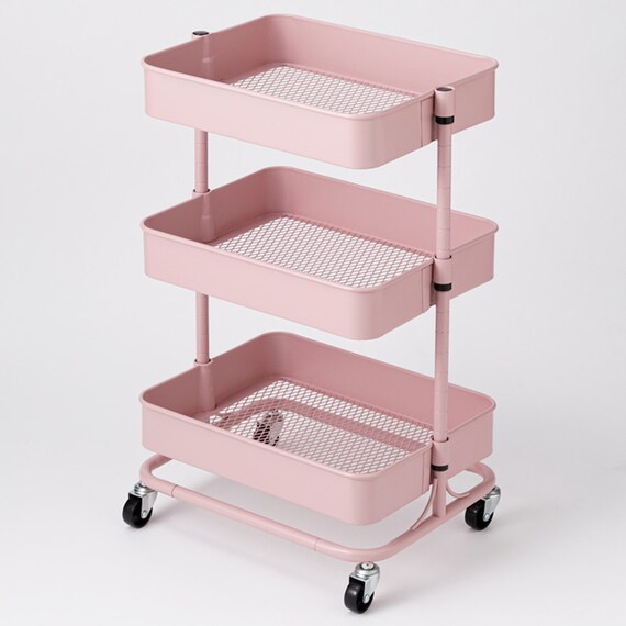 【ネット特別色】3段とも高さ調節ができるキッチンワゴン コンパクト (ローズ)【スチールワゴン トロリ4】 1枚目画像