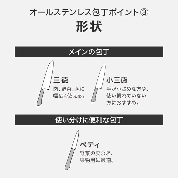 オールステンレス 包丁 3点セット(三徳/小三徳/ペティ KY054) 6枚目画像