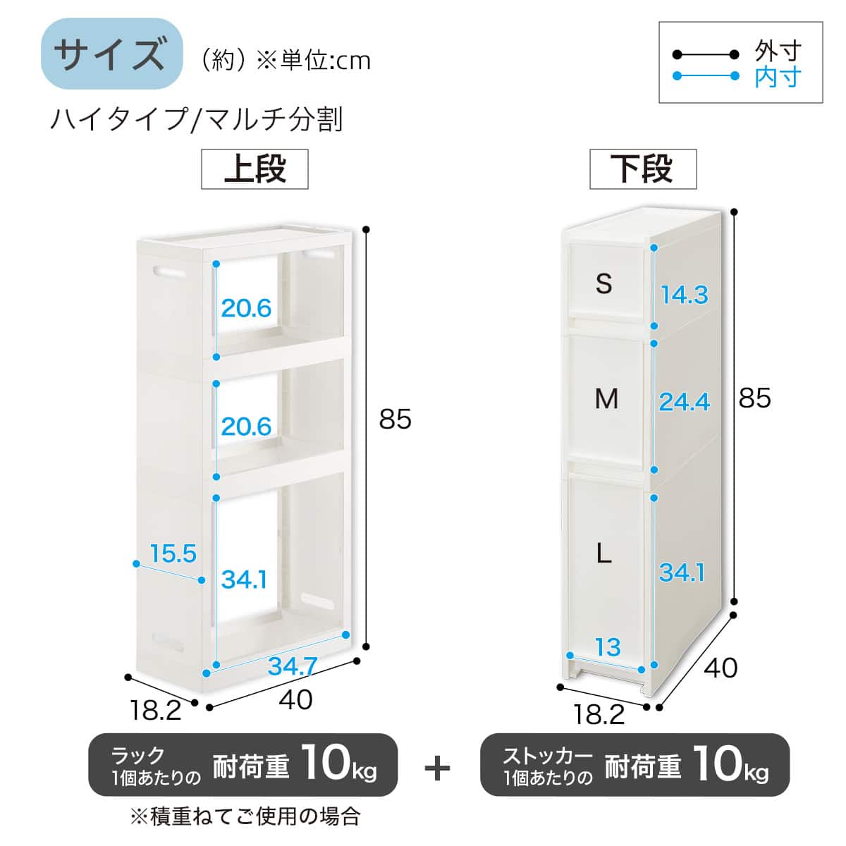 幅18cm ハイタイプ】積み重ねるスリムストッカー 引き出しマルチ分割