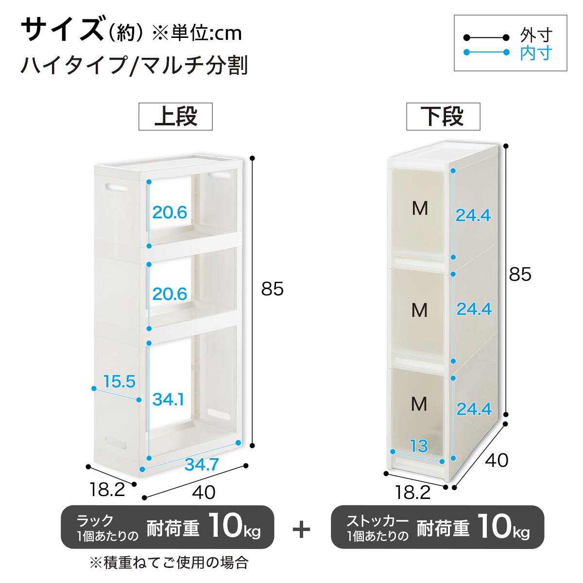 幅18cm ハイタイプ】積み重ねるスリムストッカー 引き出し均等分割