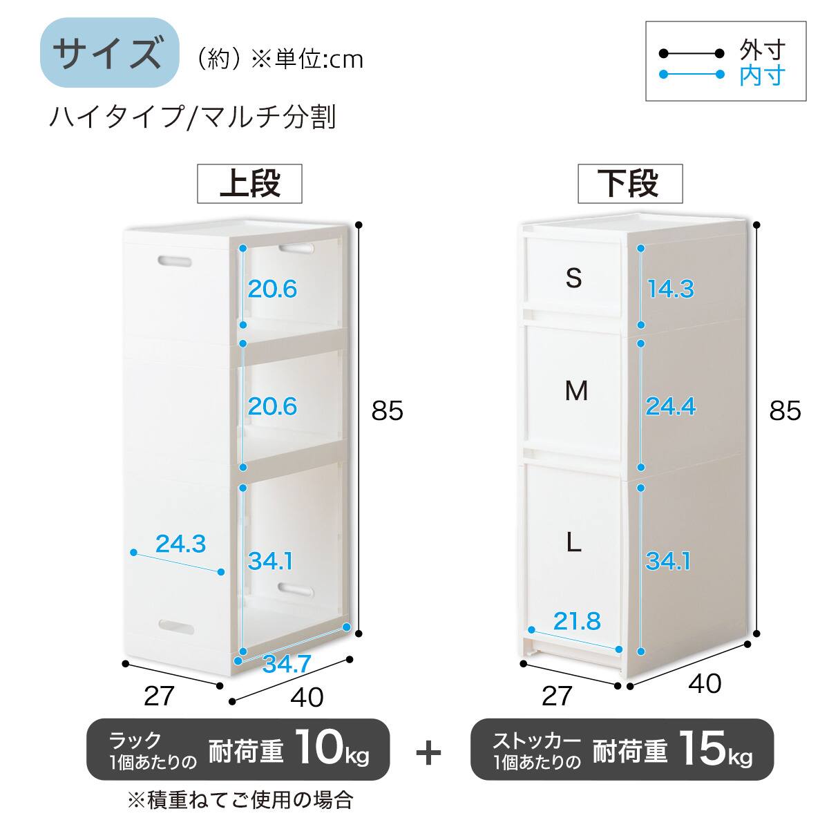 幅27cm ハイタイプ】積み重ねるスリムストッカー 引き出しマルチ分割