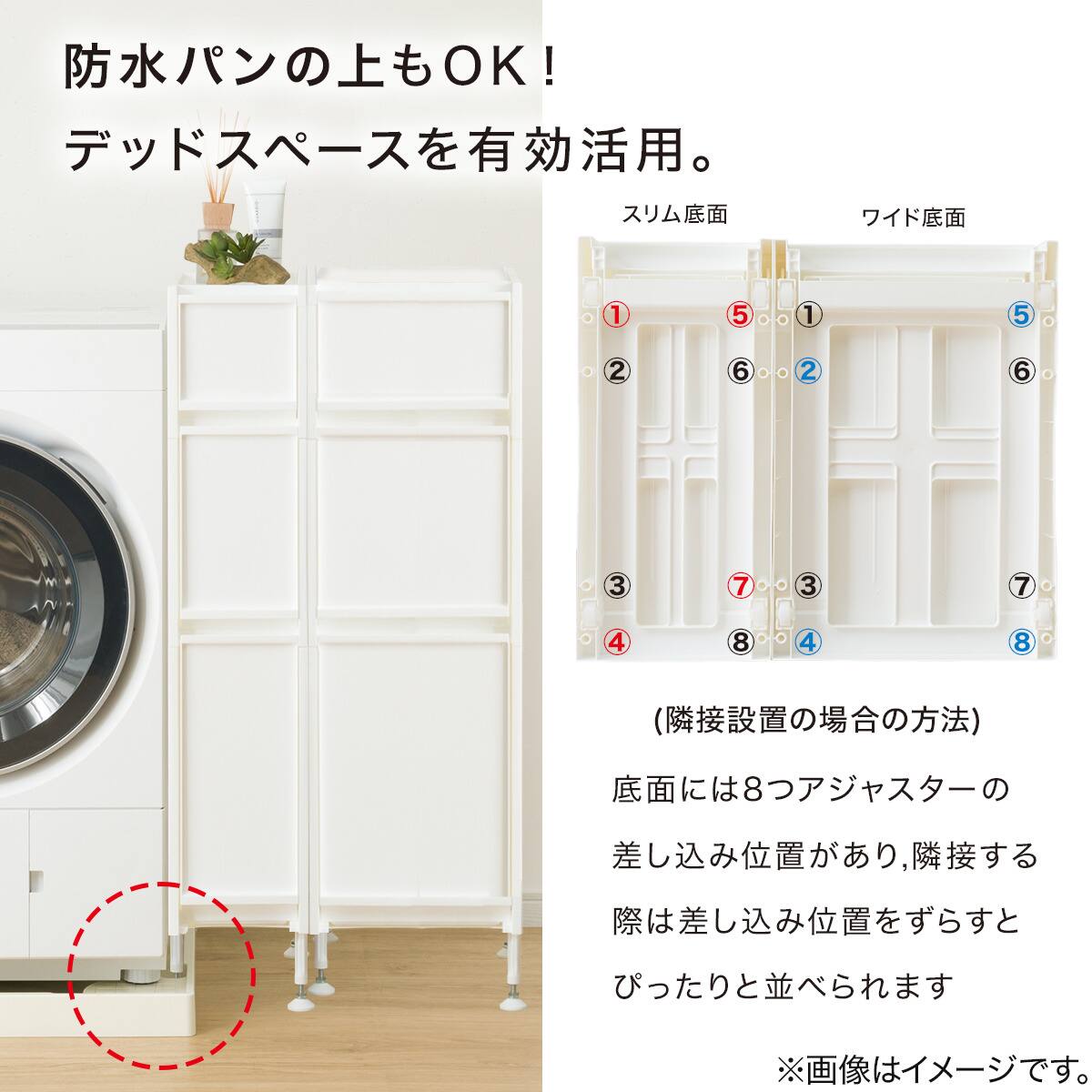幅27cm】段差がまたげるアジャスター付きスリムストッカーSｰMｰL WH N01