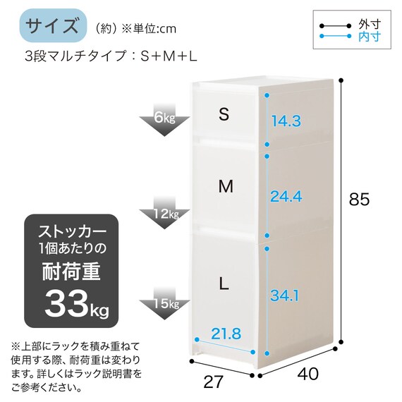 【幅27cm 3段】スリムストッカー 引き出しマルチ分割タイプ(N01)CL 3枚目画像