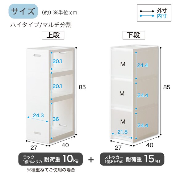 【幅27cm ハイタイプ】積み重ねるスリムストッカー 引き出し均等分割タイプ(N01)CL 2枚目画像