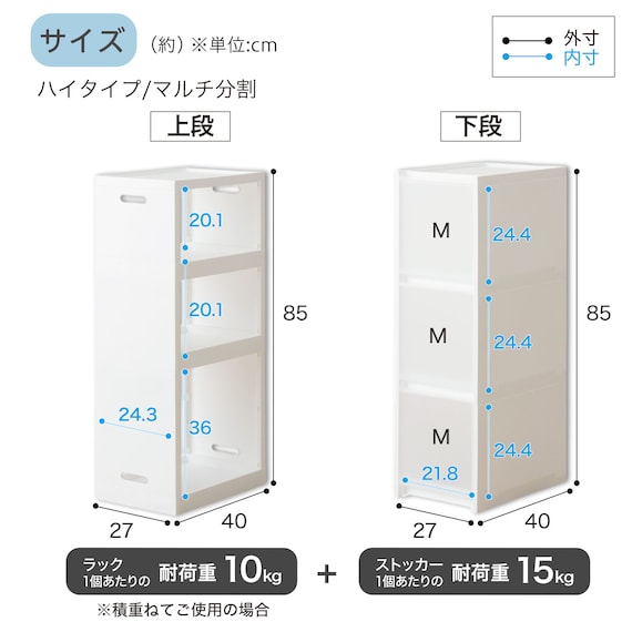 【幅27cm ハイタイプ】積み重ねるスリムストッカー 引き出し均等分割タイプ(N01)CL 2枚目画像