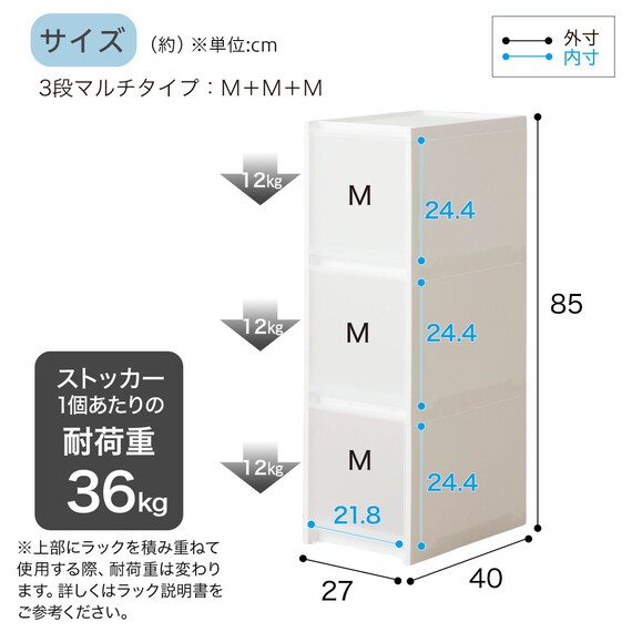 【幅27cm 3段】スリムストッカー 引き出し均等分割タイプ(N01)CL 3枚目画像