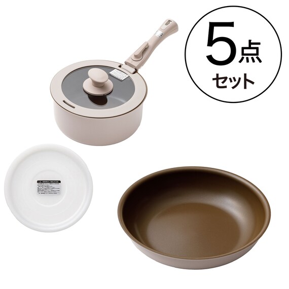 【取っ手がとれる】IH・ガス火 スピンコート フライパン・鍋 5点セット(MO FS005) つるつるコーティング 1枚目画像
