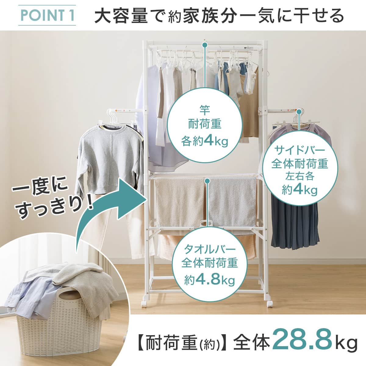 部屋干しラクラク2点セット(室内物干し+角ハンガー)ホワイト | ニトリ