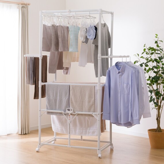 【家族分一気に干せる】 大容量 室内物干し (ホワイト FC07) 1枚目画像