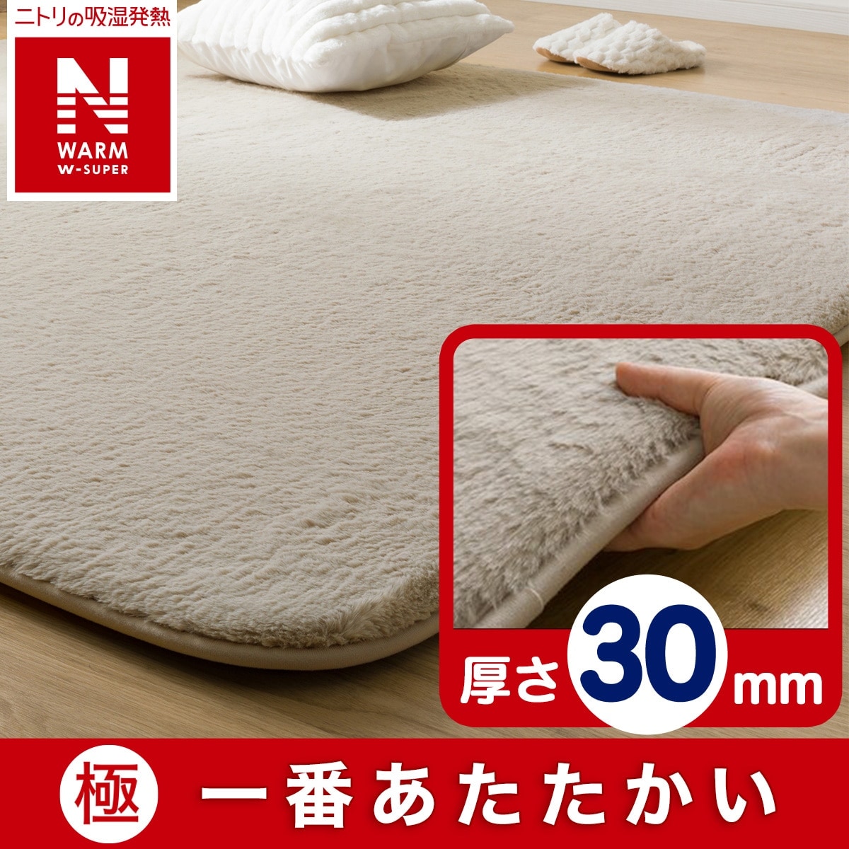 極厚30mmウレタン入り 保温+吸湿発熱+蓄熱+防汚+防音ラグ(NウォームWSP