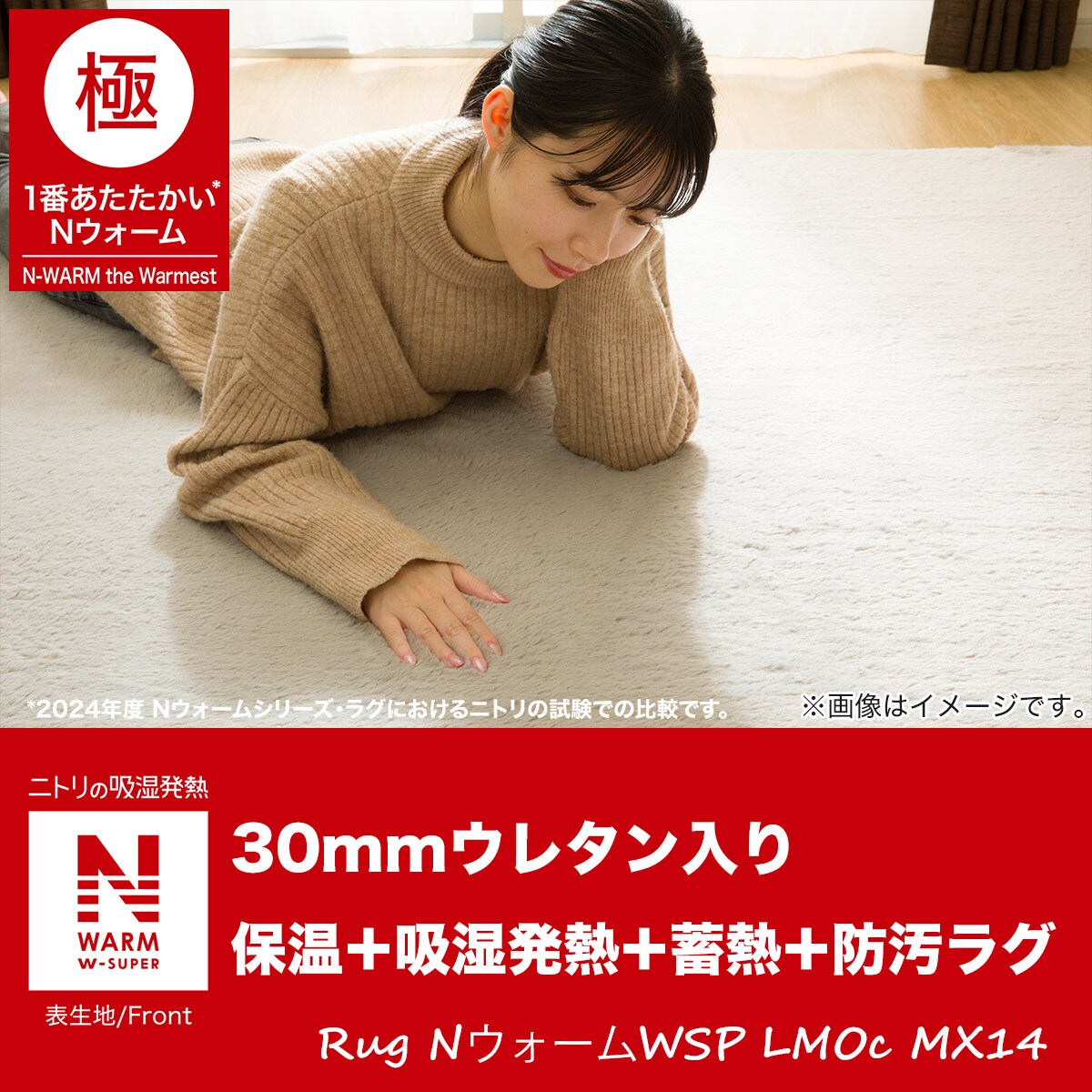 ニトリ Ｎウォームラグ30mmウレタン入り 保温+吸湿発熱+蓄熱+防汚ラグ 極厚30mmウレタン入り 保温+吸湿発熱+蓄熱+防汚+防音ラグ(N