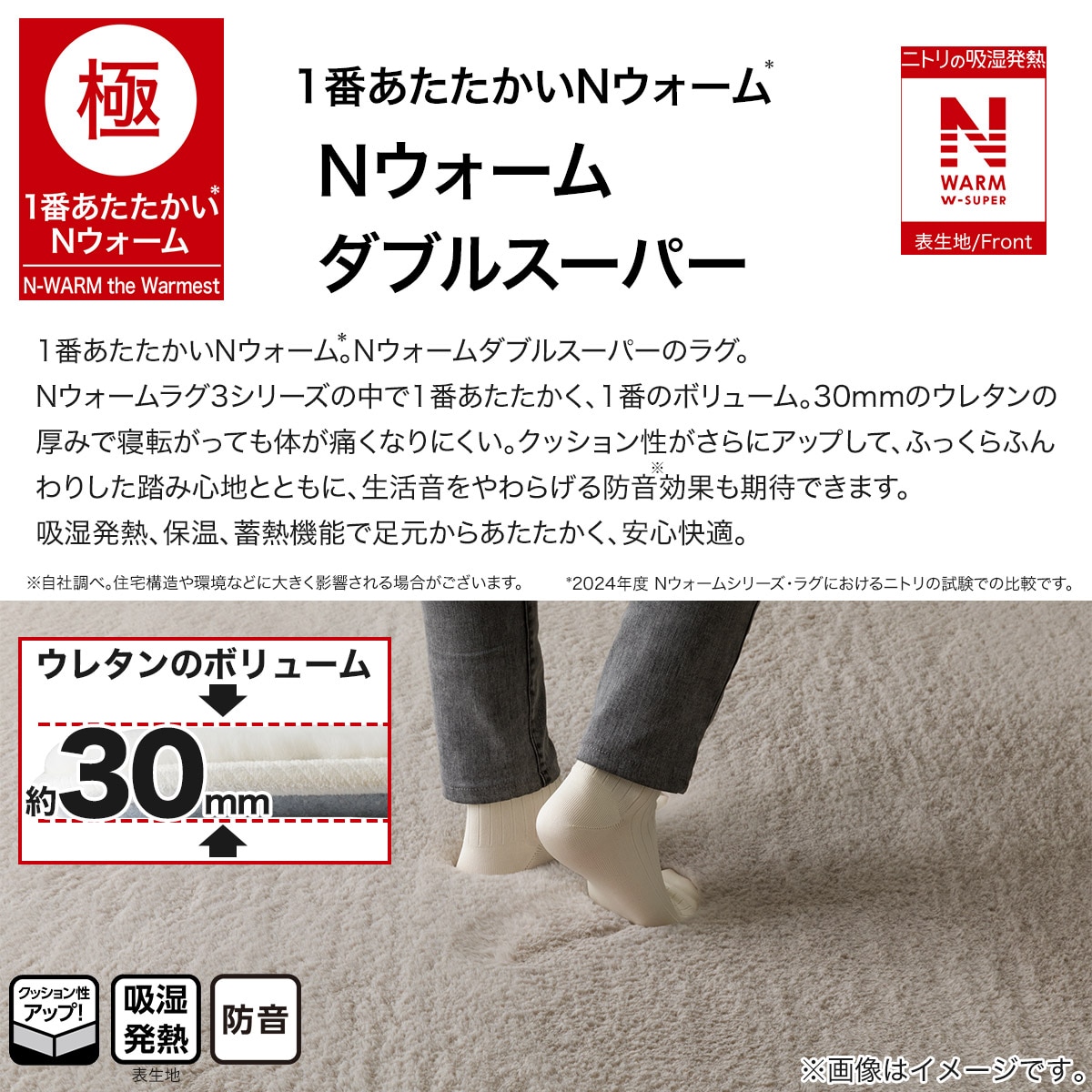 ニトリ Ｎウォームラグ30mmウレタン入り 保温+吸湿発熱+蓄熱+防汚ラグ ニトリ Nウォームラグ30mmウレタン入り 保温+吸湿発熱+蓄熱+防