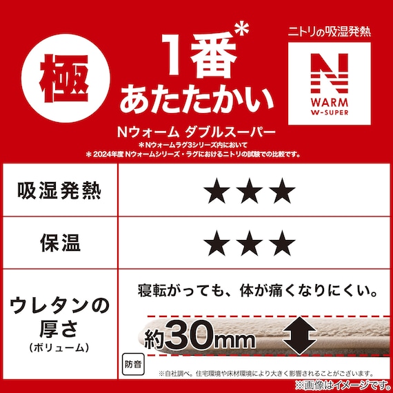 極厚30mmウレタン入り 保温+吸湿発熱+蓄熱+防汚+防音ラグ(NウォームWSP LMOc200X280 MX14) 12枚目画像