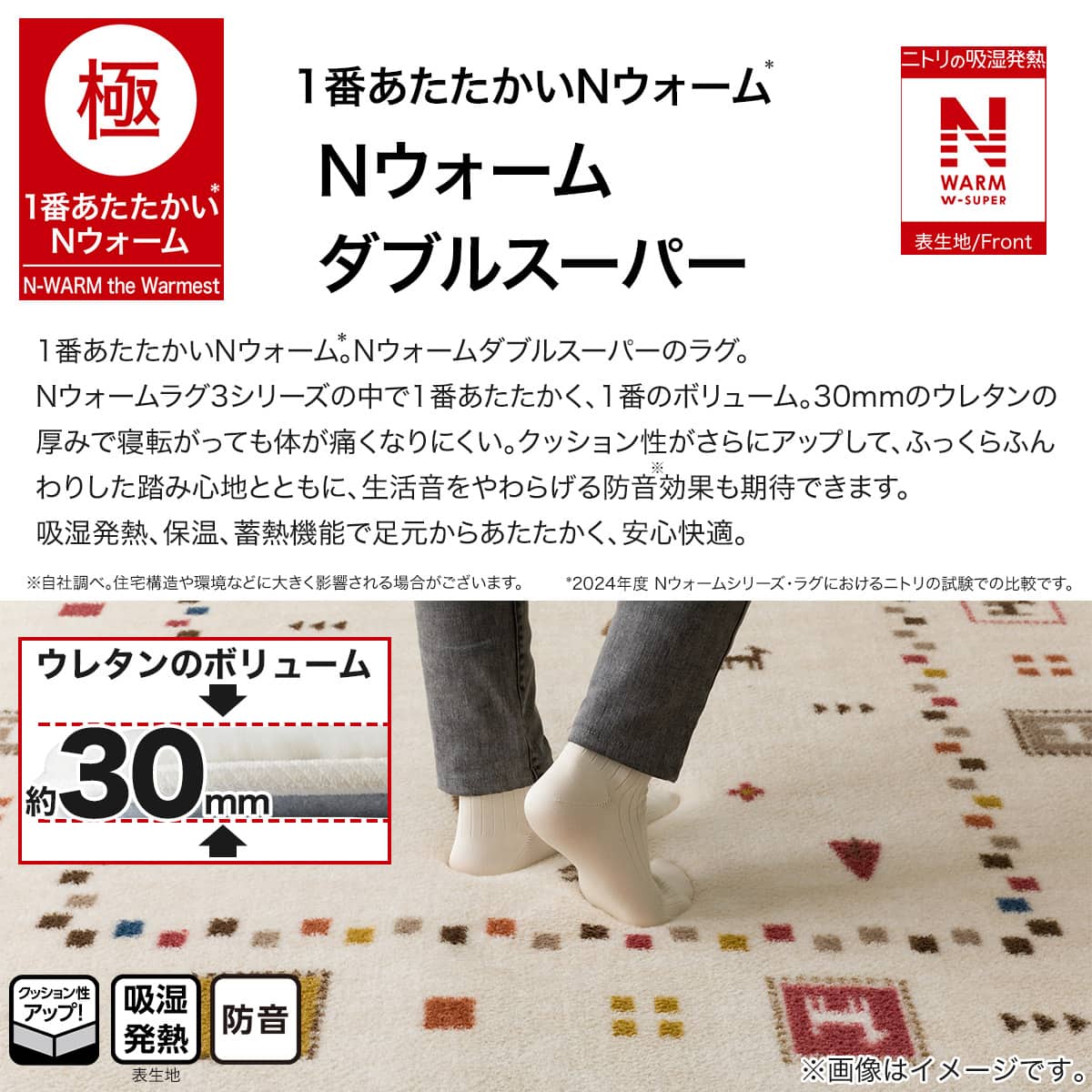 極厚30mmウレタン入り 保温+吸湿発熱+蓄熱+防汚+防音ラグ(NウォームWSP