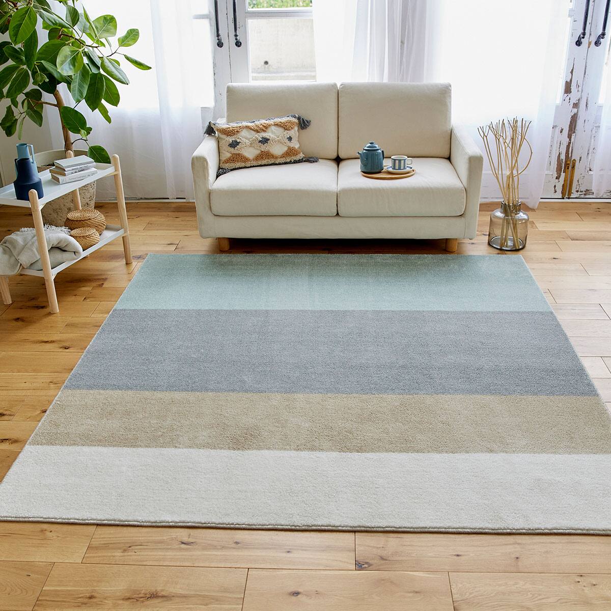 ペット対応アクセントラグ（ストライプ ベージュペールブルー）190×190