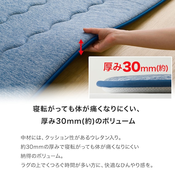 極厚30mmウレタン入り 接触冷感+防汚加工+防音ラグ(NクールSPgPL BL MX38 130X185) 6枚目画像
