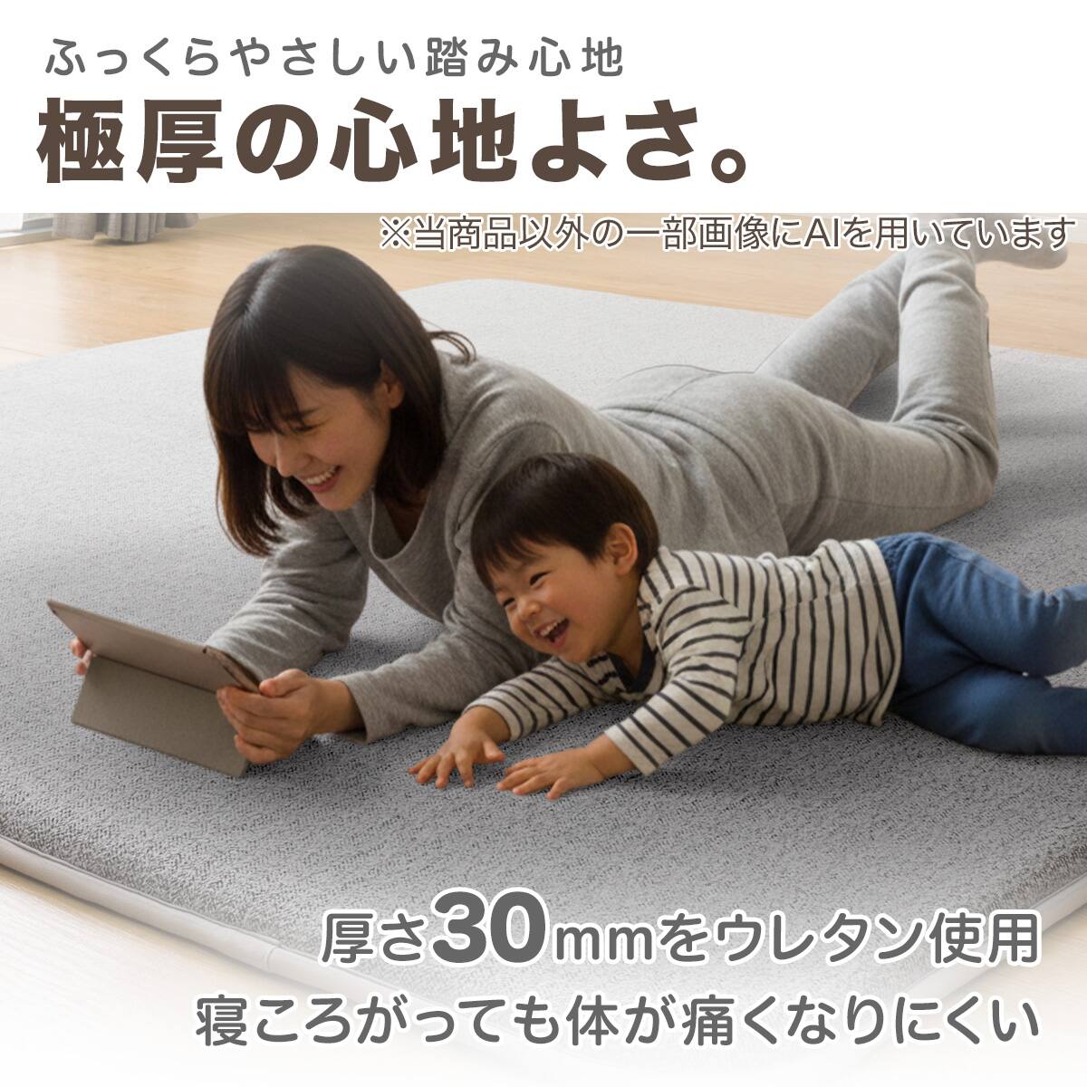 極厚30mmウレタン入り 防汚加工+防ダニ加工+防音ラグ(185X185 GY PL04