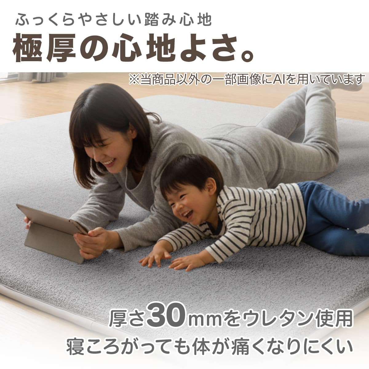 極厚30mmウレタン入り 防汚加工+防ダニ加工+防音ラグ(200X240 GY PL04
