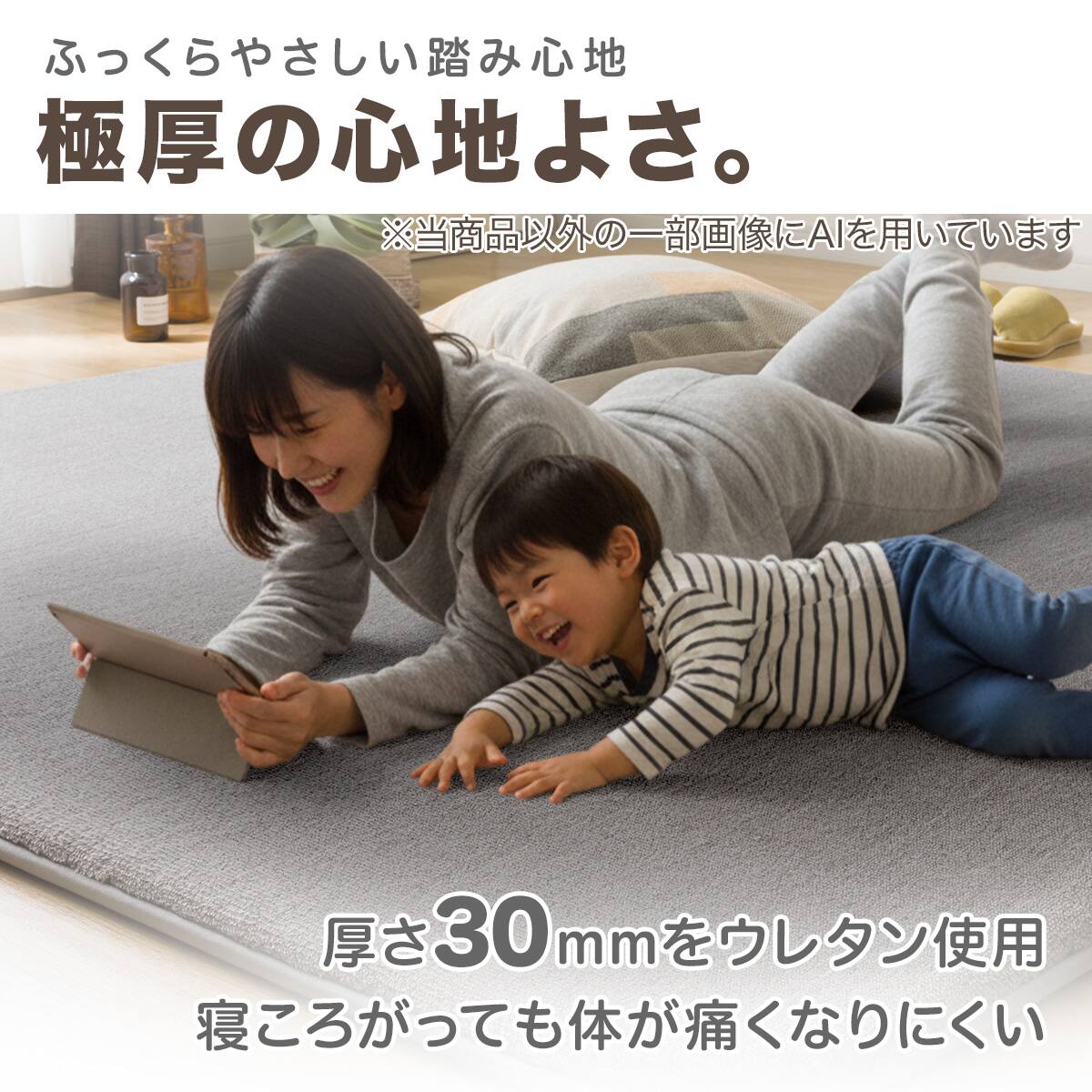 30mmウレタン入り 防汚加工+防ダニ加工+防音ラグ(200X240 GY PL11