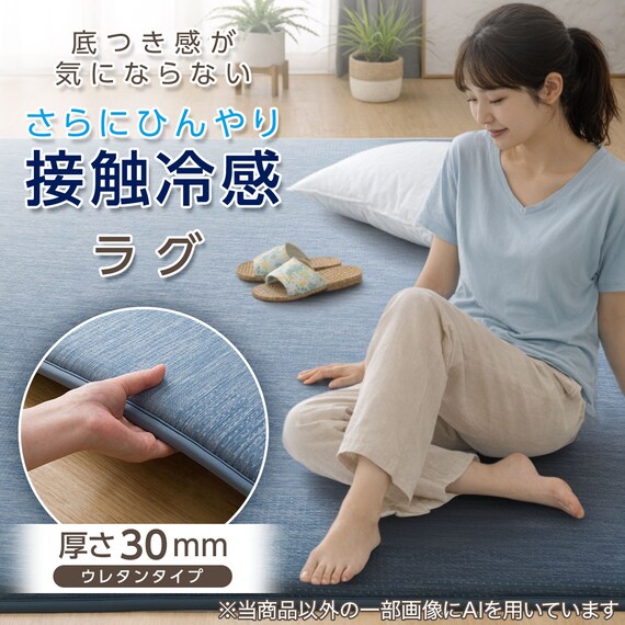 極厚30mmウレタン入り 接触冷感ラグ ジャカード(Nクール極冷 185X185 ブルー Q03) 3枚目画像