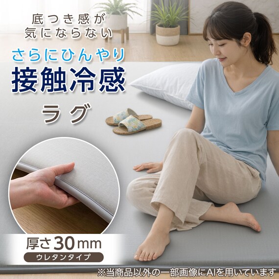 低反発 極厚30mmウレタン入り 接触冷感 防汚 ラグ(Nクール極冷 185X185 グレー Y02) 3枚目画像