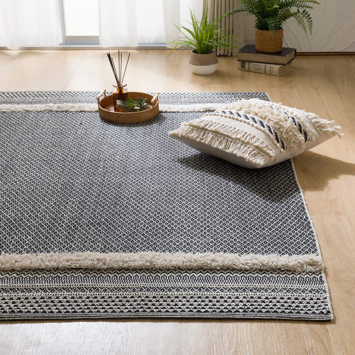 コットンラグ ETHNIC 130×190cm WH*BK 3点セット ラグ/カーペット/マット コットンラグ ETHNIC 130×190cm WH*BK 3点セット